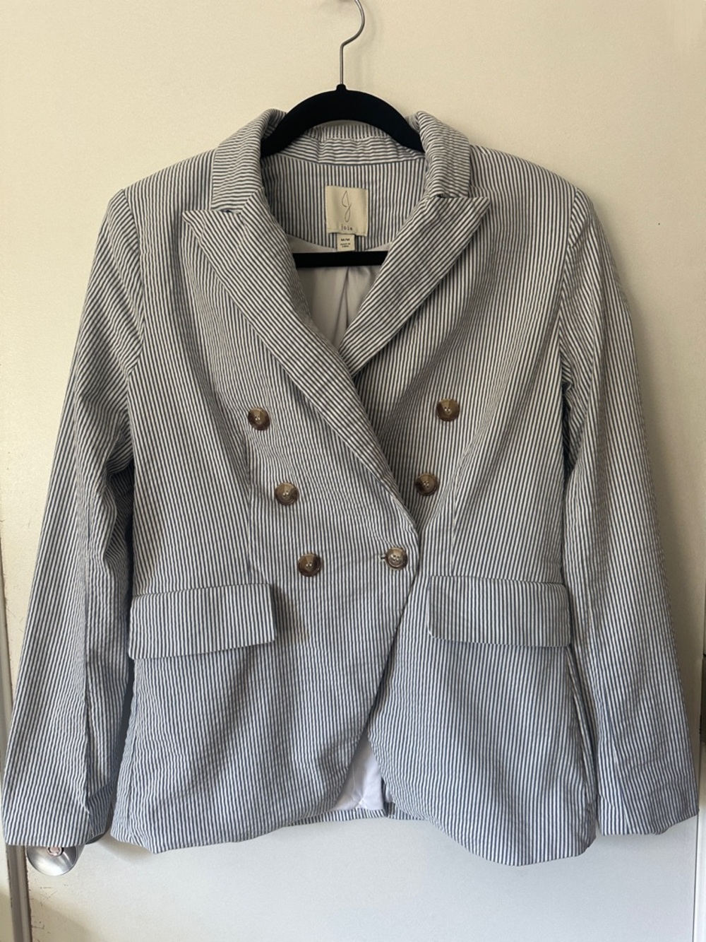 Joie Striped Seersucker Blazer Blue White Double Breasted Gold Button Size M